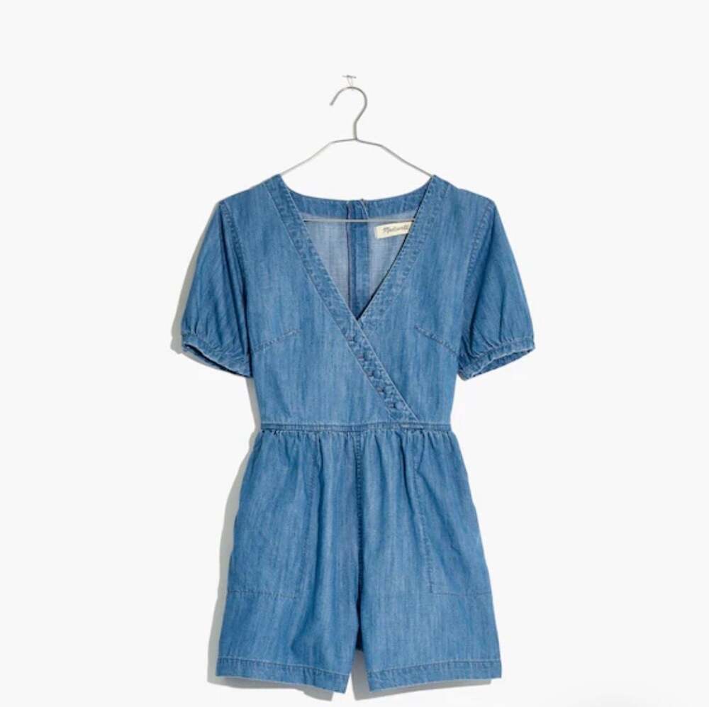 Madewell Chambray Denim Button Wrap Romper, Size 6